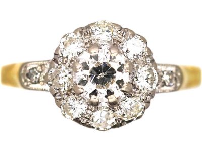 Edwardian 18ct Gold Diamond Cluster Ring with Diamond set Shoulders