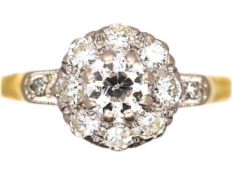 Edwardian 18ct Gold Diamond Cluster Ring with Diamond set Shoulders