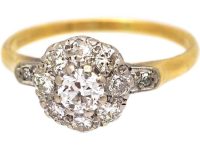 Edwardian 18ct Gold Diamond Cluster Ring with Diamond set Shoulders