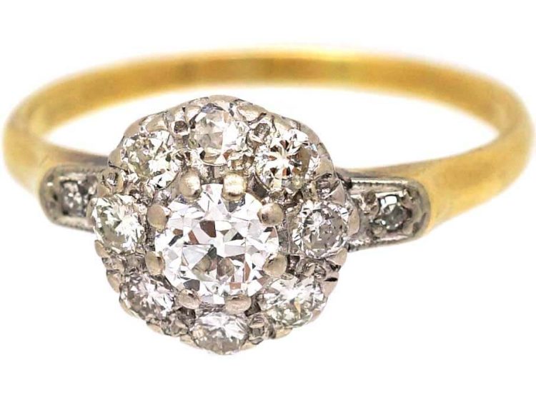 Edwardian 18ct Gold Diamond Cluster Ring with Diamond set Shoulders
