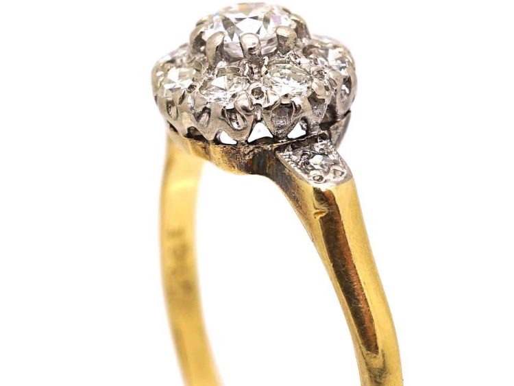 Edwardian 18ct Gold Diamond Cluster Ring with Diamond set Shoulders