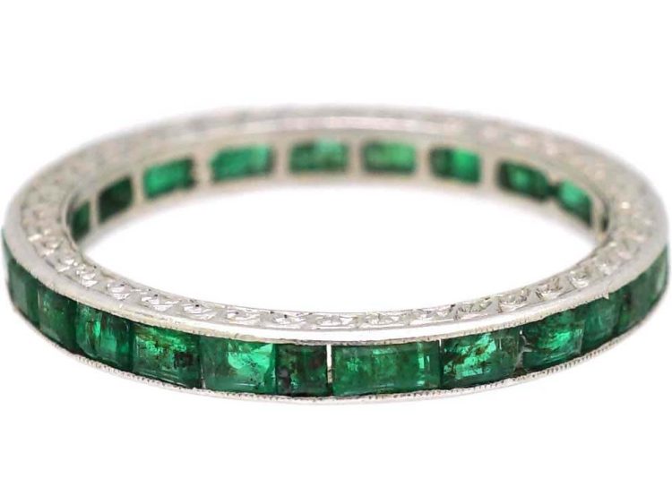 Art Deco Platinum Eternity Ring set with Emeralds