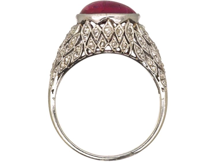 Early 20th Century Platinum Ring set with a Cabochon Ruby & Rose Diamonds