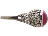 Early 20th Century Platinum Ring set with a Cabochon Ruby & Rose Diamonds