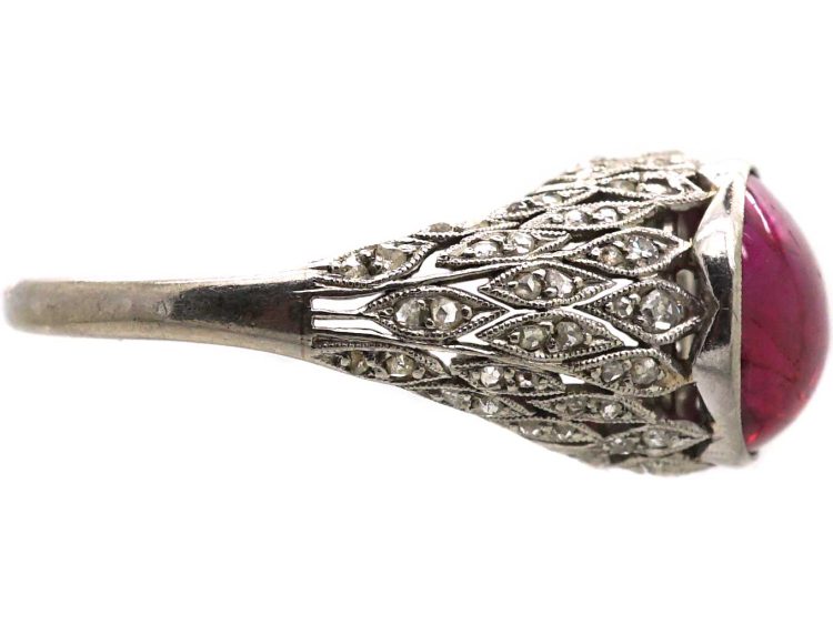 Early 20th Century Platinum Ring set with a Cabochon Ruby & Rose Diamonds