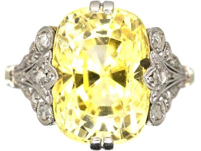 Art Deco 18ct White Gold Ring set with a 10 Carat Yellow Sapphire with Rose Diamond Shoulders