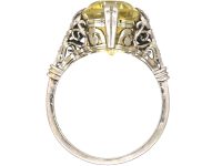 Art Deco 18ct White Gold Ring set with a 10 Carat Yellow Sapphire with Rose Diamond Shoulders
