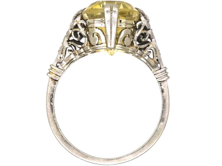 Art Deco 18ct White Gold Ring set with a 10 Carat Yellow Sapphire with Rose Diamond Shoulders