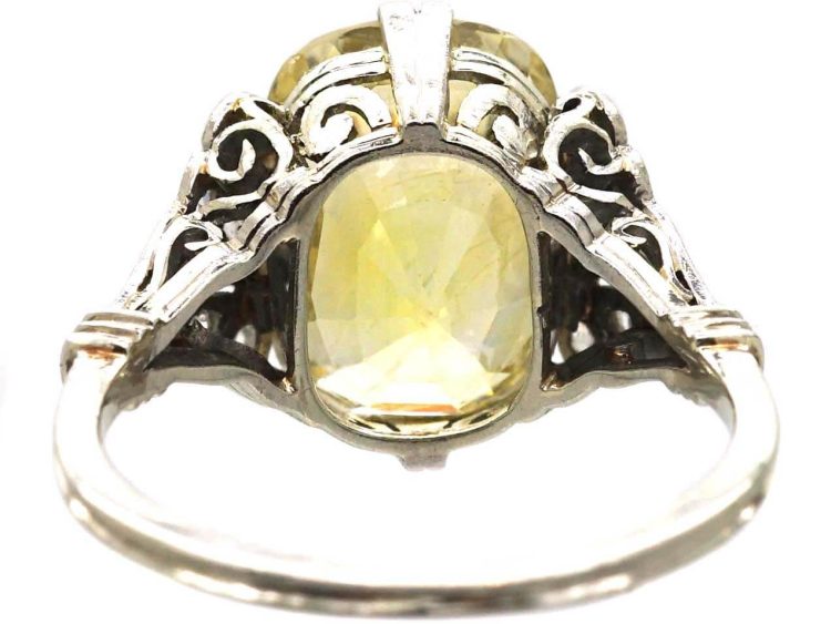 Art Deco 18ct White Gold Ring set with a 10 Carat Yellow Sapphire with Rose Diamond Shoulders