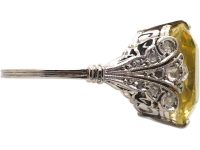 Art Deco 18ct White Gold Ring set with a 10 Carat Yellow Sapphire with Rose Diamond Shoulders