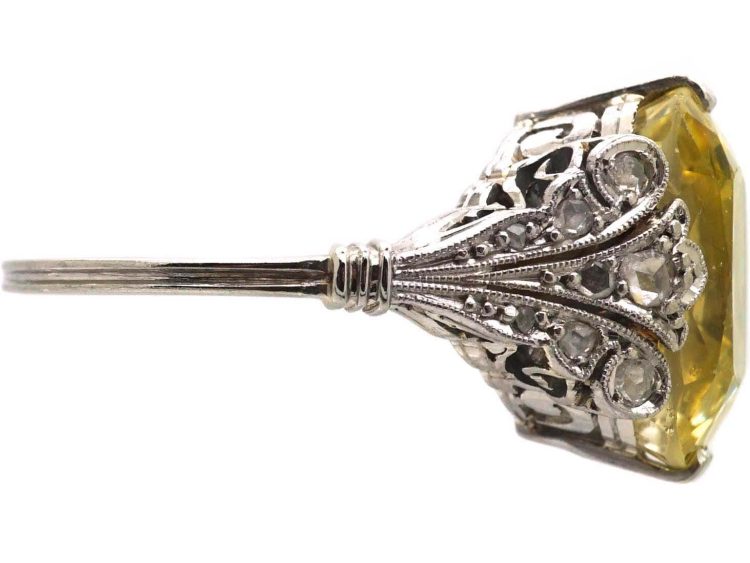 Art Deco 18ct White Gold Ring set with a 10 Carat Yellow Sapphire with Rose Diamond Shoulders