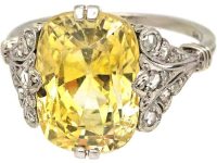 Art Deco 18ct White Gold Ring set with a 10 Carat Yellow Sapphire with Rose Diamond Shoulders
