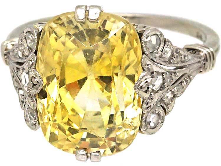 Art Deco 18ct White Gold Ring set with a 10 Carat Yellow Sapphire with Rose Diamond Shoulders