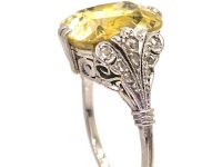 Art Deco 18ct White Gold Ring set with a 10 Carat Yellow Sapphire with Rose Diamond Shoulders