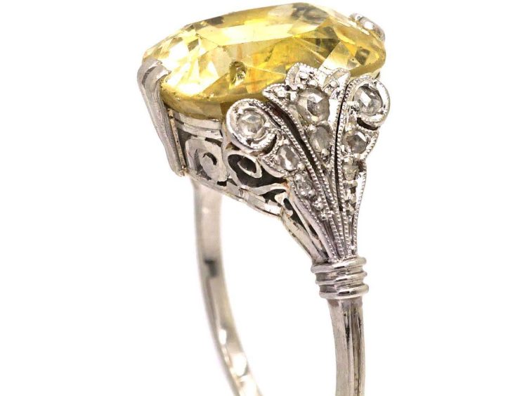 Art Deco 18ct White Gold Ring set with a 10 Carat Yellow Sapphire with Rose Diamond Shoulders