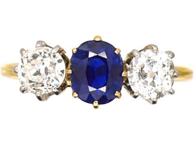Edwardian 18ct Gold Three Stone Sapphire & Diamond Ring