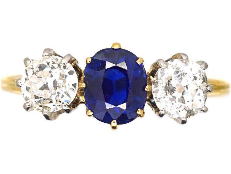 Edwardian 18ct Gold Three Stone Sapphire & Diamond Ring