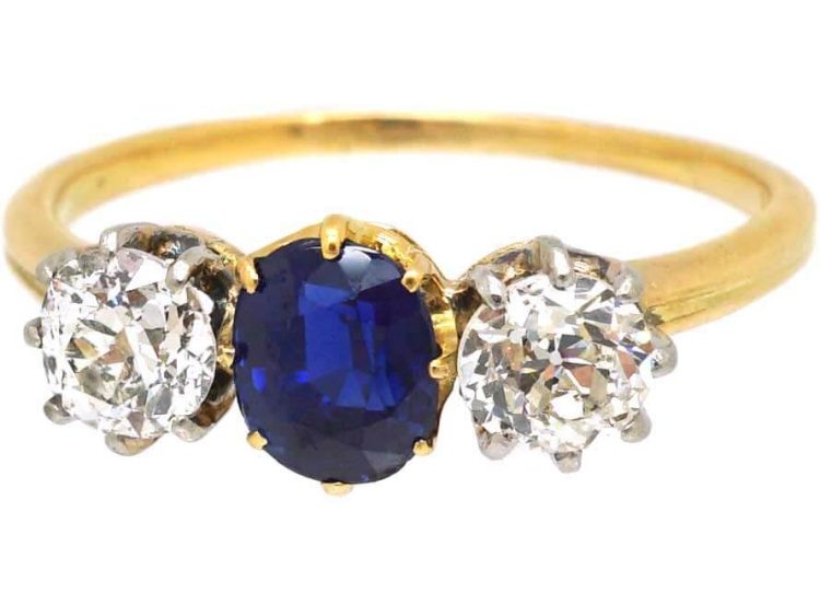 Edwardian 18ct Gold Three Stone Sapphire & Diamond Ring