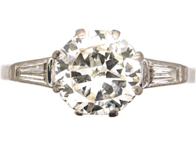 Art Deco Platinum, Diamond Solitaire Ring with Tapered Baguette Diamond Shoulders