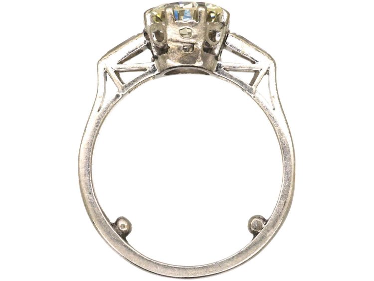 Art Deco Platinum, Diamond Solitaire Ring with Tapered Baguette Diamond Shoulders