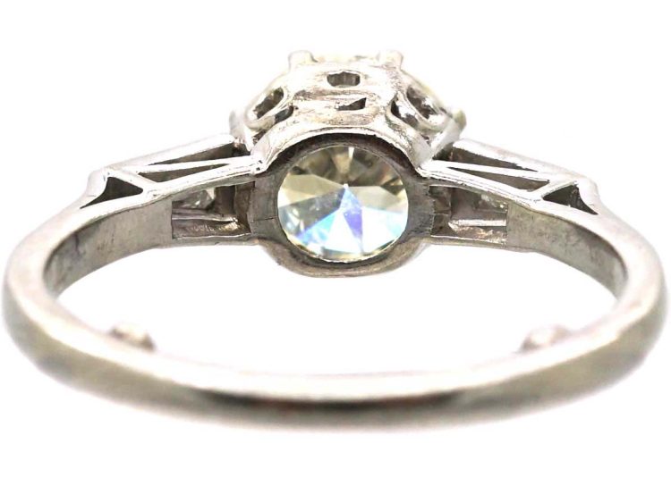 Art Deco Platinum, Diamond Solitaire Ring with Tapered Baguette Diamond Shoulders