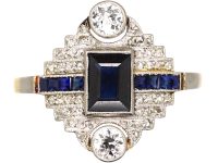 Art Deco 18ct Gold & Platinum Geometric Ring set with Sapphires, Diamonds & Rose Diamonds