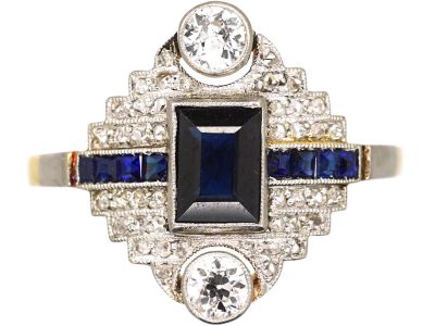 Art Deco 18ct Gold & Platinum Geometric Ring set with Sapphires, Diamonds & Rose Diamonds