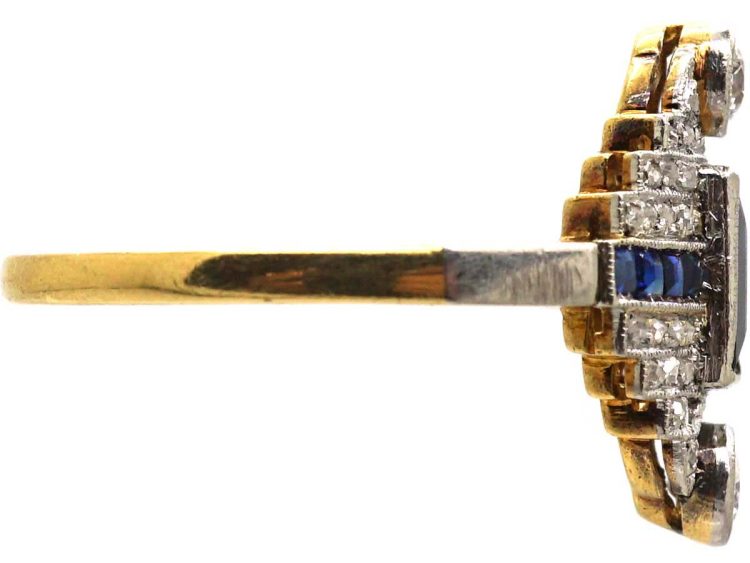 Art Deco 18ct Gold & Platinum Geometric Ring set with Sapphires, Diamonds & Rose Diamonds