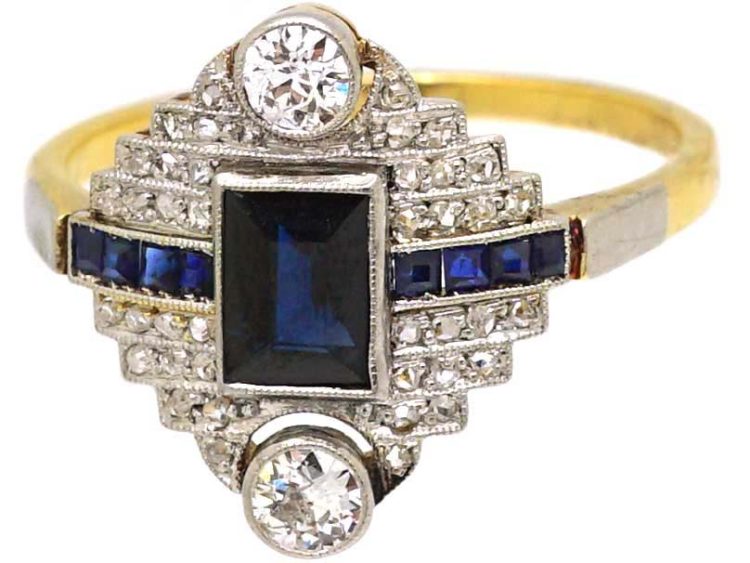 Art Deco 18ct Gold & Platinum Geometric Ring set with Sapphires, Diamonds & Rose Diamonds
