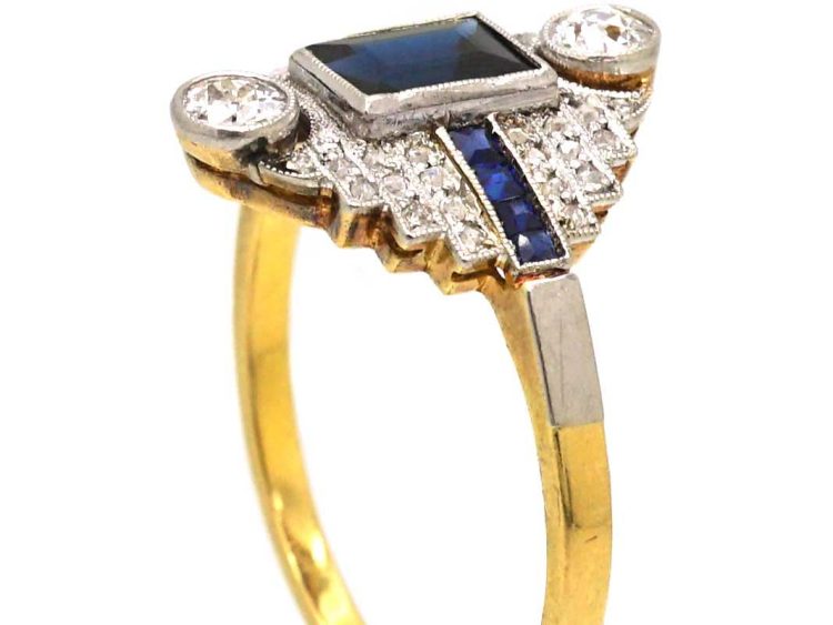 Art Deco 18ct Gold & Platinum Geometric Ring set with Sapphires, Diamonds & Rose Diamonds