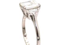 Art Deco 18ct White Gold Ring set with a Rectangular Cut Diamond with Baguette Cut Diamond Shoulders