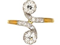 Early 20th Century French 18ct Gold & Platinum Two Stone Diamond Crossover Ring