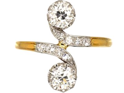 Early 20th Century French 18ct Gold & Platinum Two Stone Diamond Crossover Ring