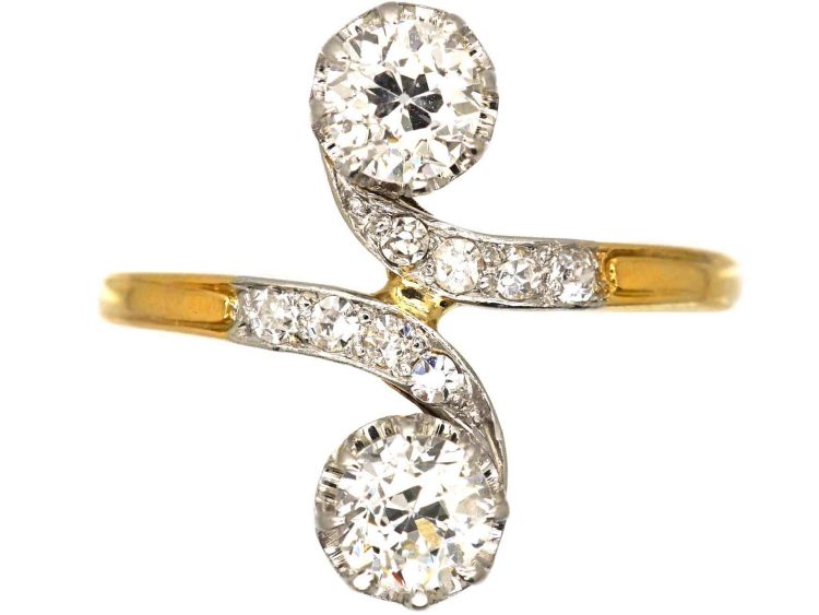 Early 20th Century French 18ct Gold & Platinum Two Stone Diamond Crossover Ring