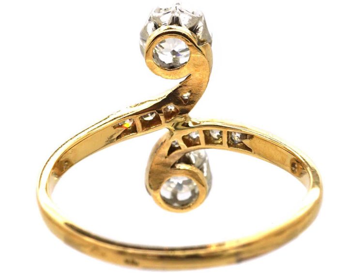 Early 20th Century French 18ct Gold & Platinum Two Stone Diamond Crossover Ring