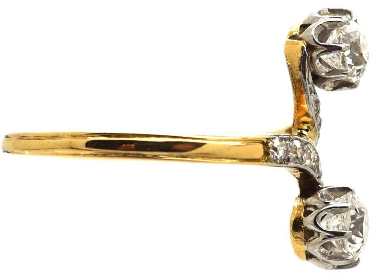 Early 20th Century French 18ct Gold & Platinum Two Stone Diamond Crossover Ring