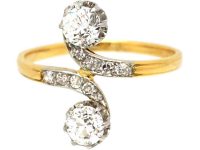 Early 20th Century French 18ct Gold & Platinum Two Stone Diamond Crossover Ring