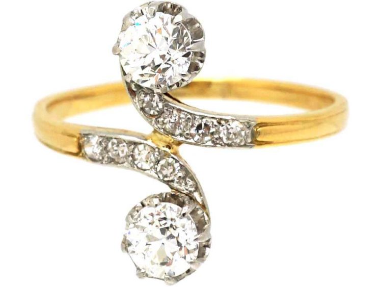 Early 20th Century French 18ct Gold & Platinum Two Stone Diamond Crossover Ring