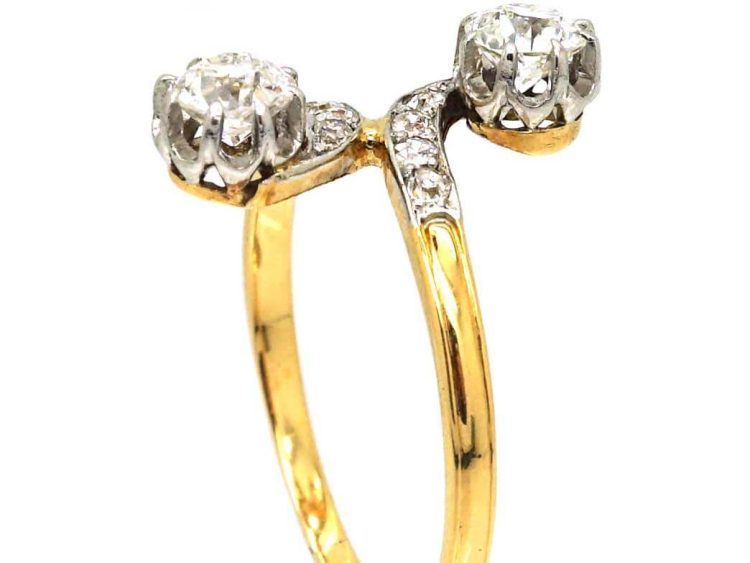 Early 20th Century French 18ct Gold & Platinum Two Stone Diamond Crossover Ring