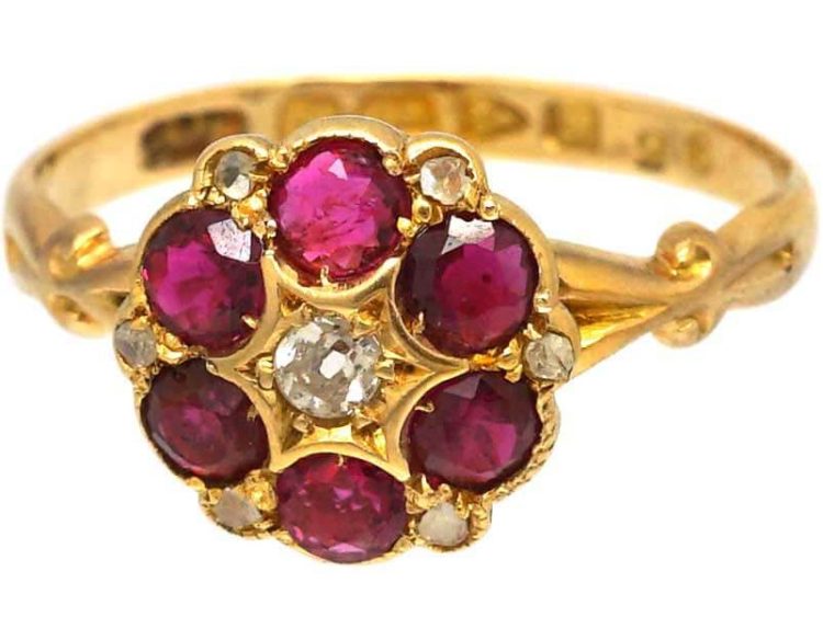 Edwardian 18ct Gold, Ruby & Diamond Cluster Ring