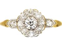 Edwardian 18ct Gold Diamond Cluster Ring with Diamond Set Shoulders