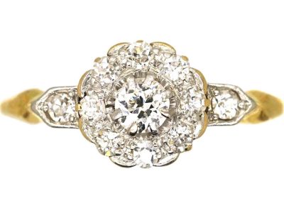 Edwardian 18ct Gold Diamond Cluster Ring with Diamond Set Shoulders