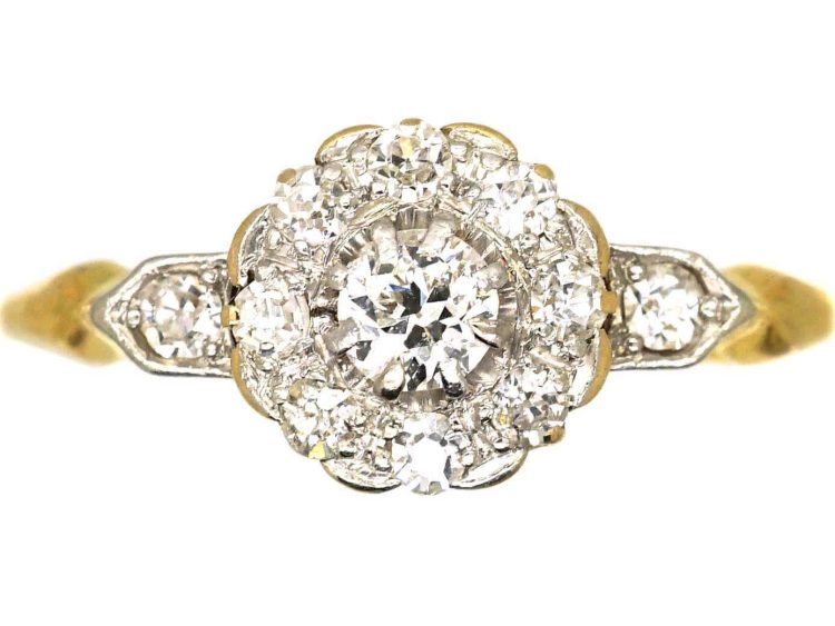 Edwardian 18ct Gold Diamond Cluster Ring with Diamond Set Shoulders