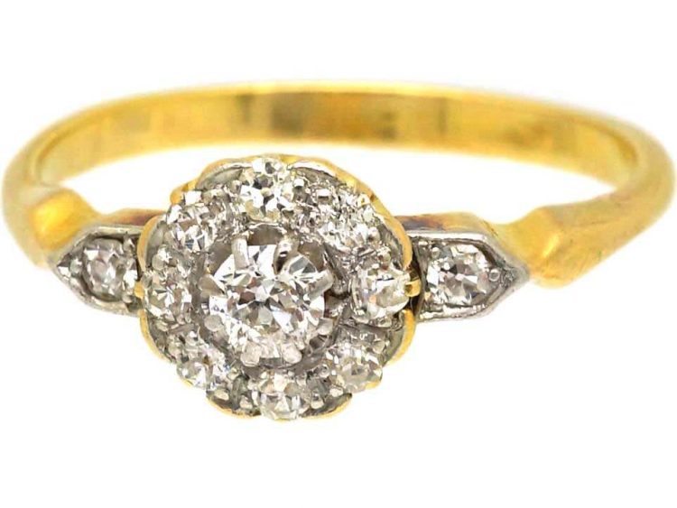Edwardian 18ct Gold Diamond Cluster Ring with Diamond Set Shoulders