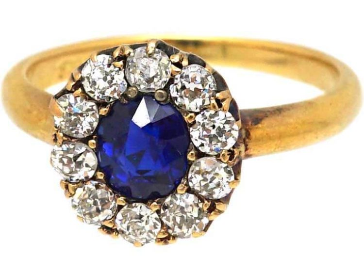 Edwardian 18ct Gold Sapphire & Diamond Cluster Ring