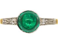 Art Deco 18ct Gold & Platinum, Cabochon Emerald & Diamond Ring