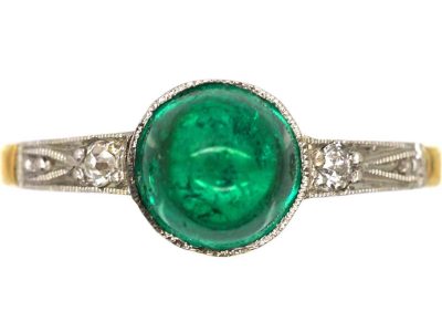 Art Deco 18ct Gold & Platinum, Cabochon Emerald & Diamond Ring