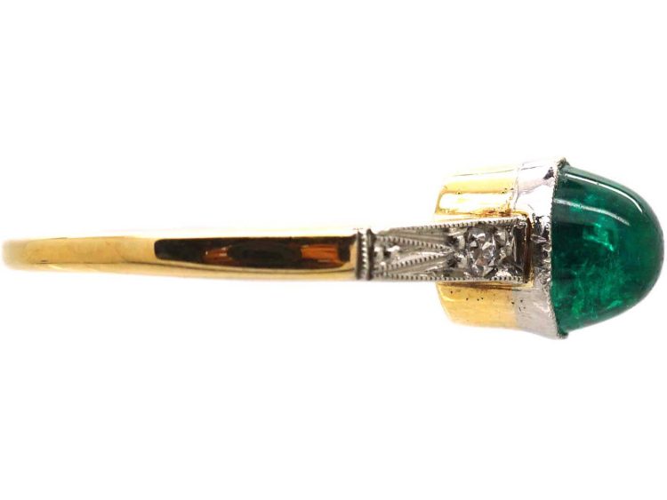 Art Deco 18ct Gold & Platinum, Cabochon Emerald & Diamond Ring