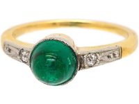 Art Deco 18ct Gold & Platinum, Cabochon Emerald & Diamond Ring