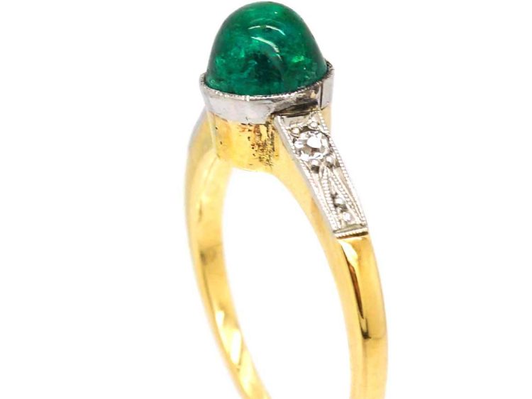 Art Deco 18ct Gold & Platinum, Cabochon Emerald & Diamond Ring